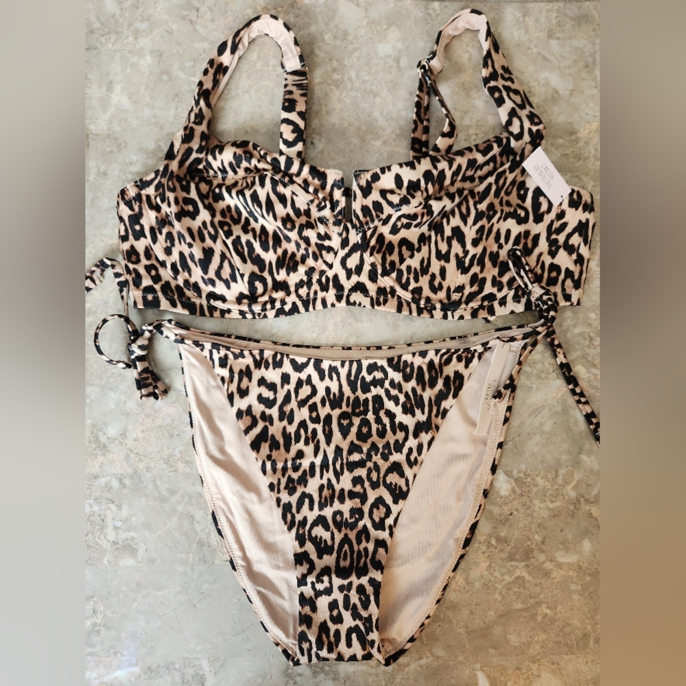 44C/XL VS Swim Full Coverage Bikini Top Side Tie Cheeky Bikini Set Leopard